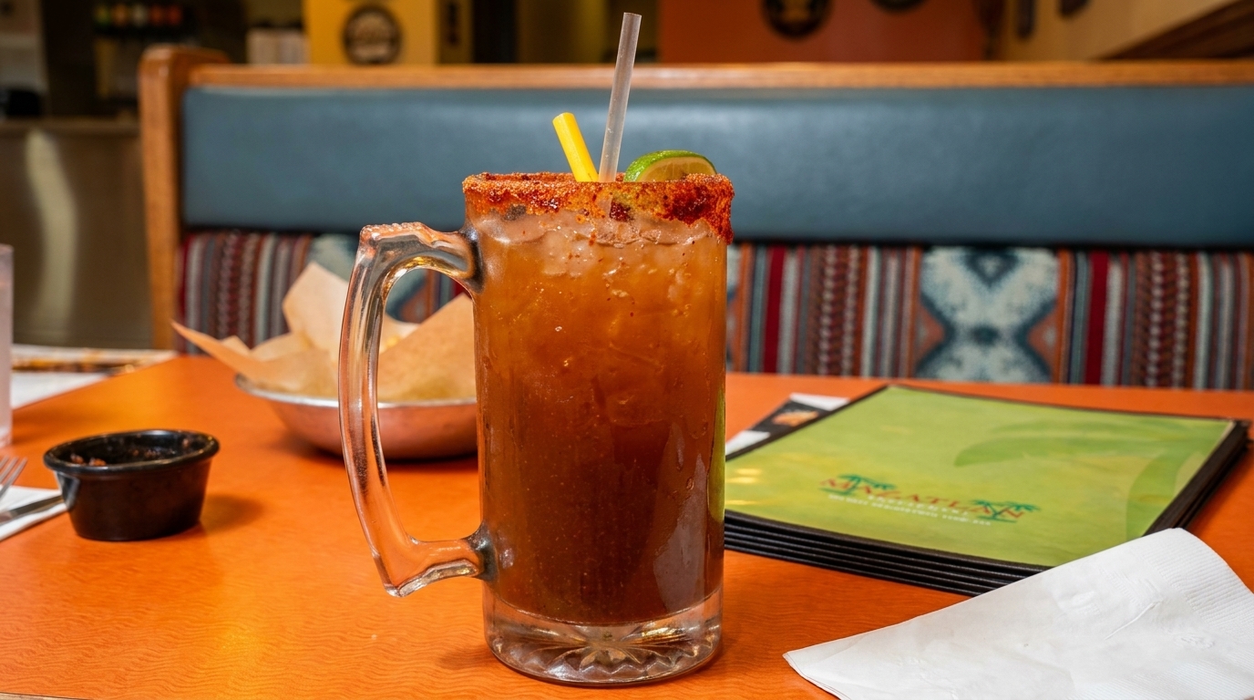 A michelada in a mug with a chili-lime rim, lime wedge, and straws on an orange table.
