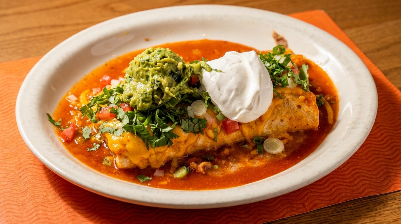 A cheesy burrito smothered in red sauce, topped with guacamole, sour cream, and cilantro.