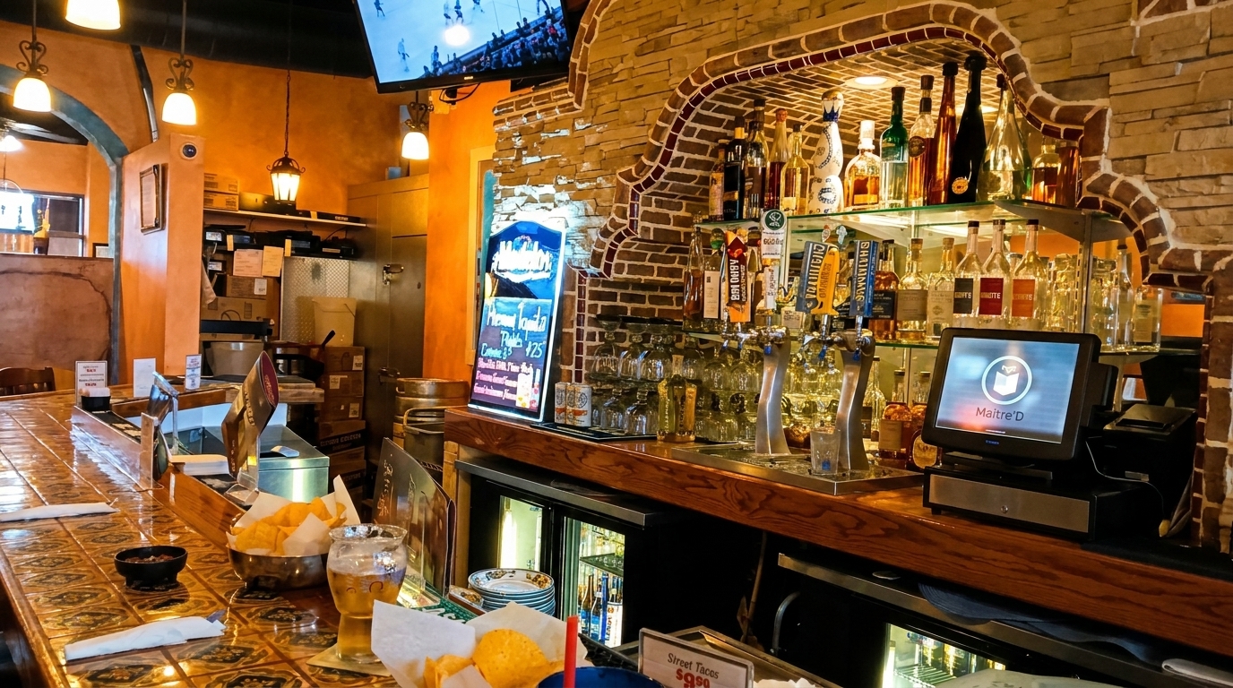 A vibrant Mexican restaurant bar with a tiled counter, beer taps, liquor bottles, and a TV.