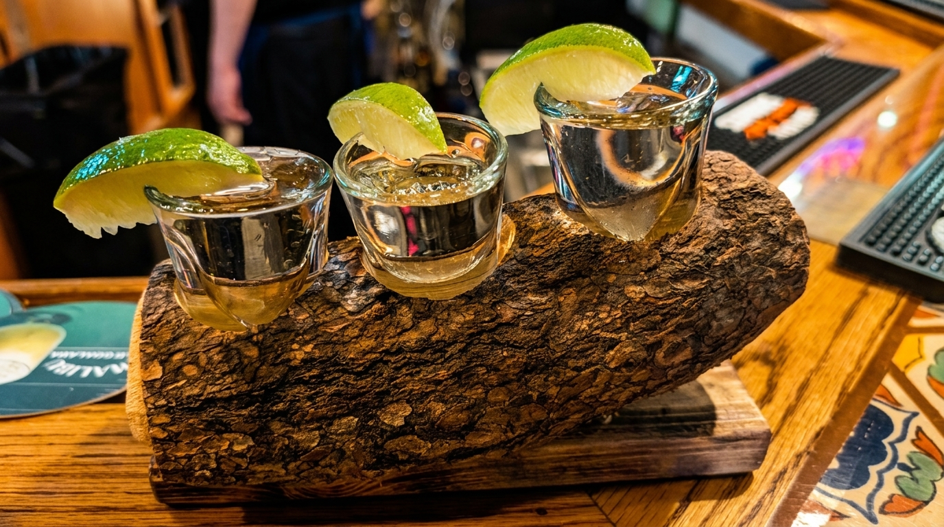 Three tequila shots with lime wedges, served on a rustic wooden log at a bar.