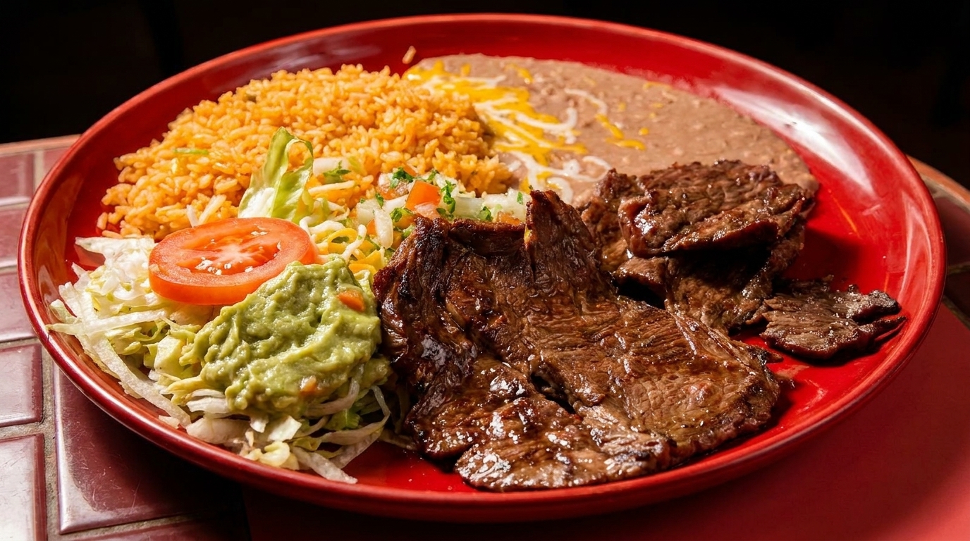 A red plate holds carne asada, rice, refried beans, guacamole, and a side salad.