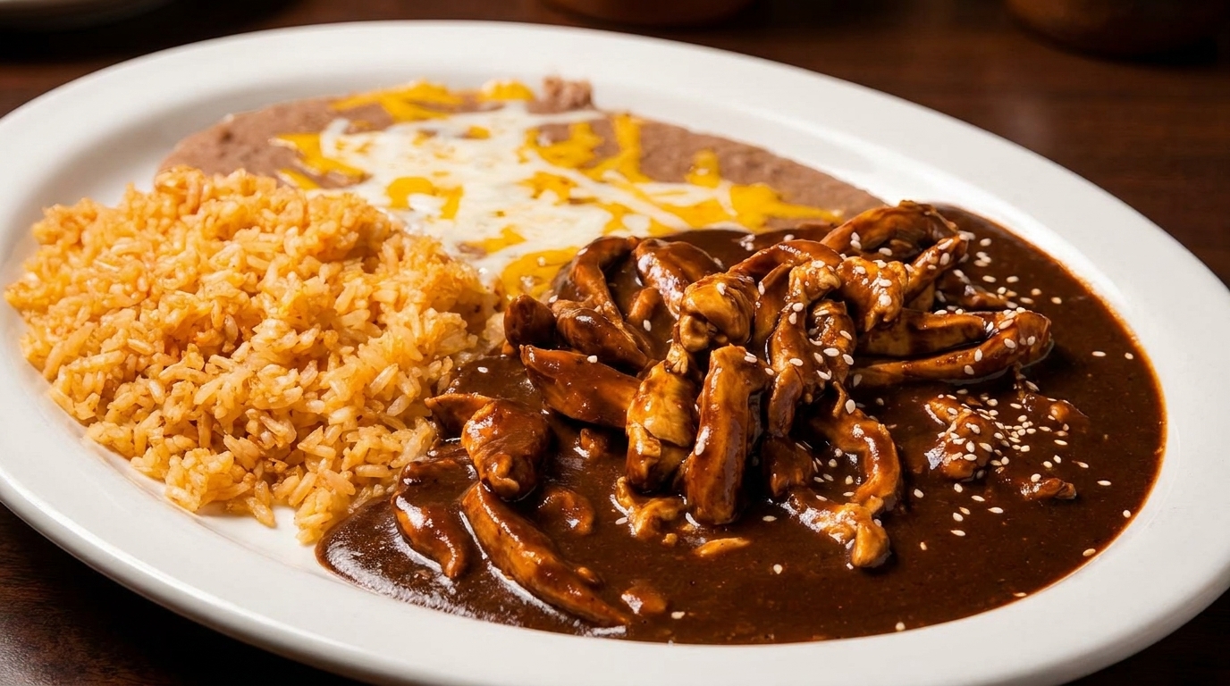 Chicken mole with sesame seeds, refried beans with cheese, and Spanish rice on a white plate.