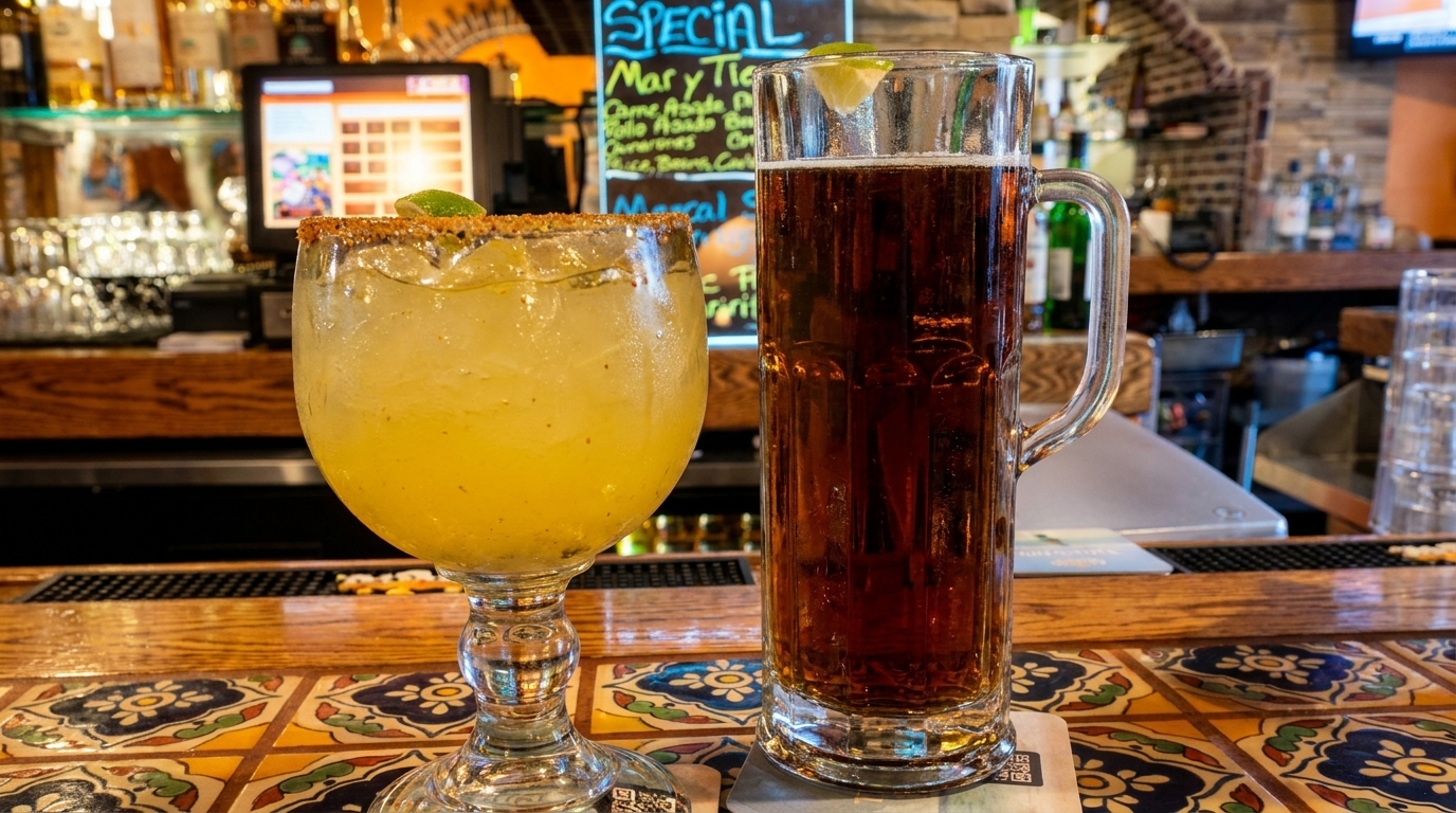 A margarita with a chili-lime rim and a beer mug with lime on a tiled bar.