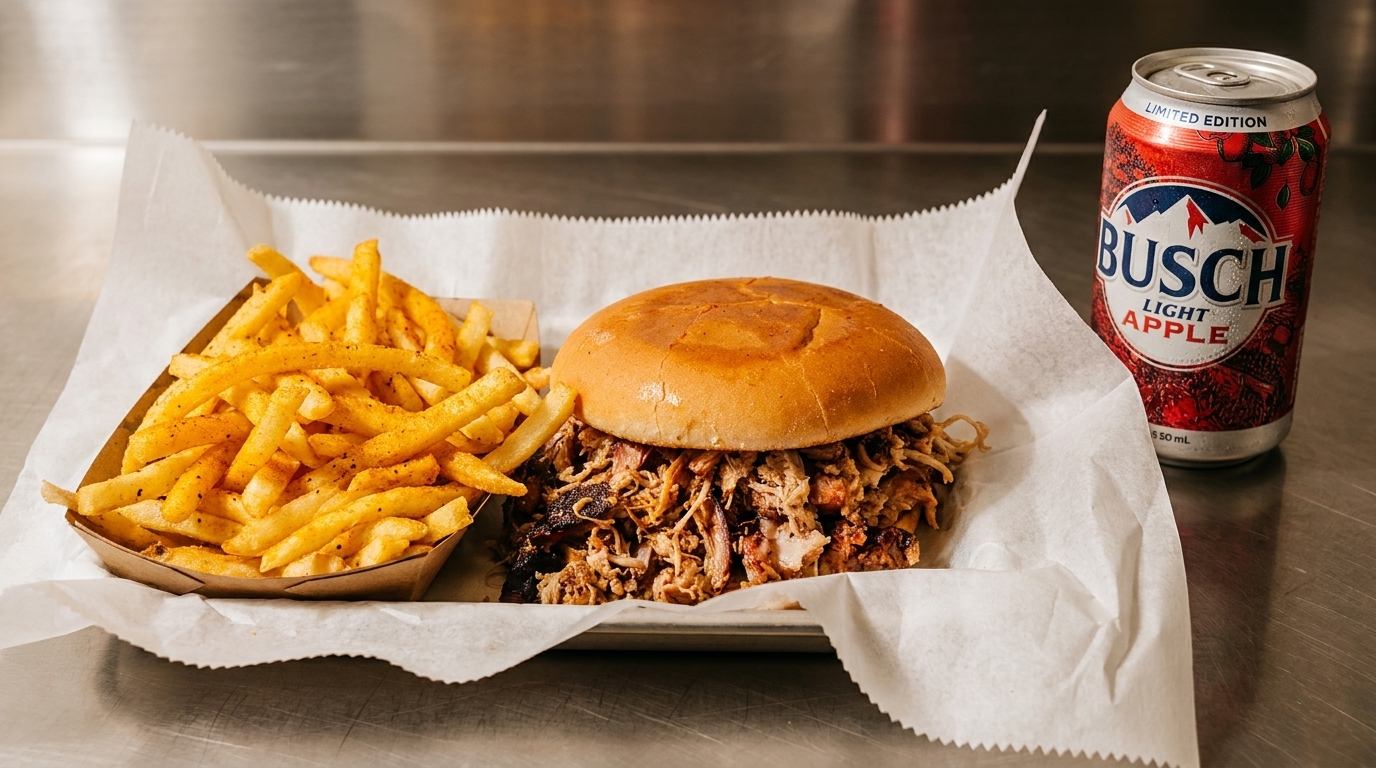 Pulled pork sandwich, seasoned fries, and a Busch Light Apple beer can on a metal tray.