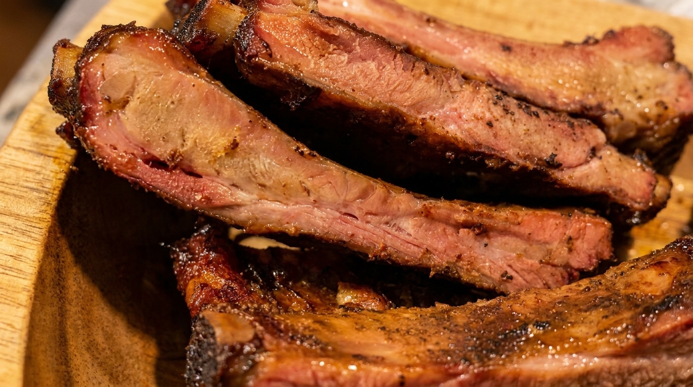 Close-up of several juicy, smoked pork ribs with a pink smoke ring on a wooden cutting board.