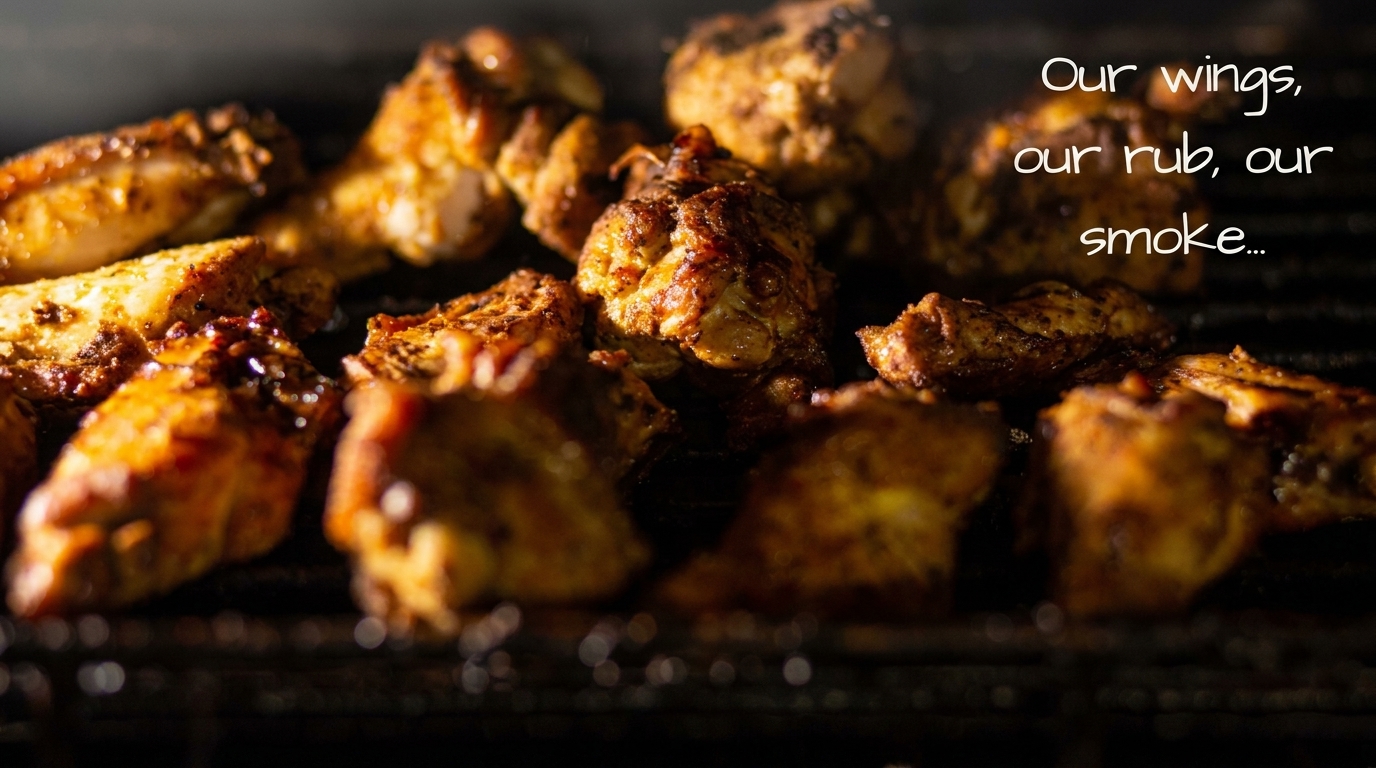 Close-up of seasoned chicken wings grilling on a dark barbecue grate with text overlay.