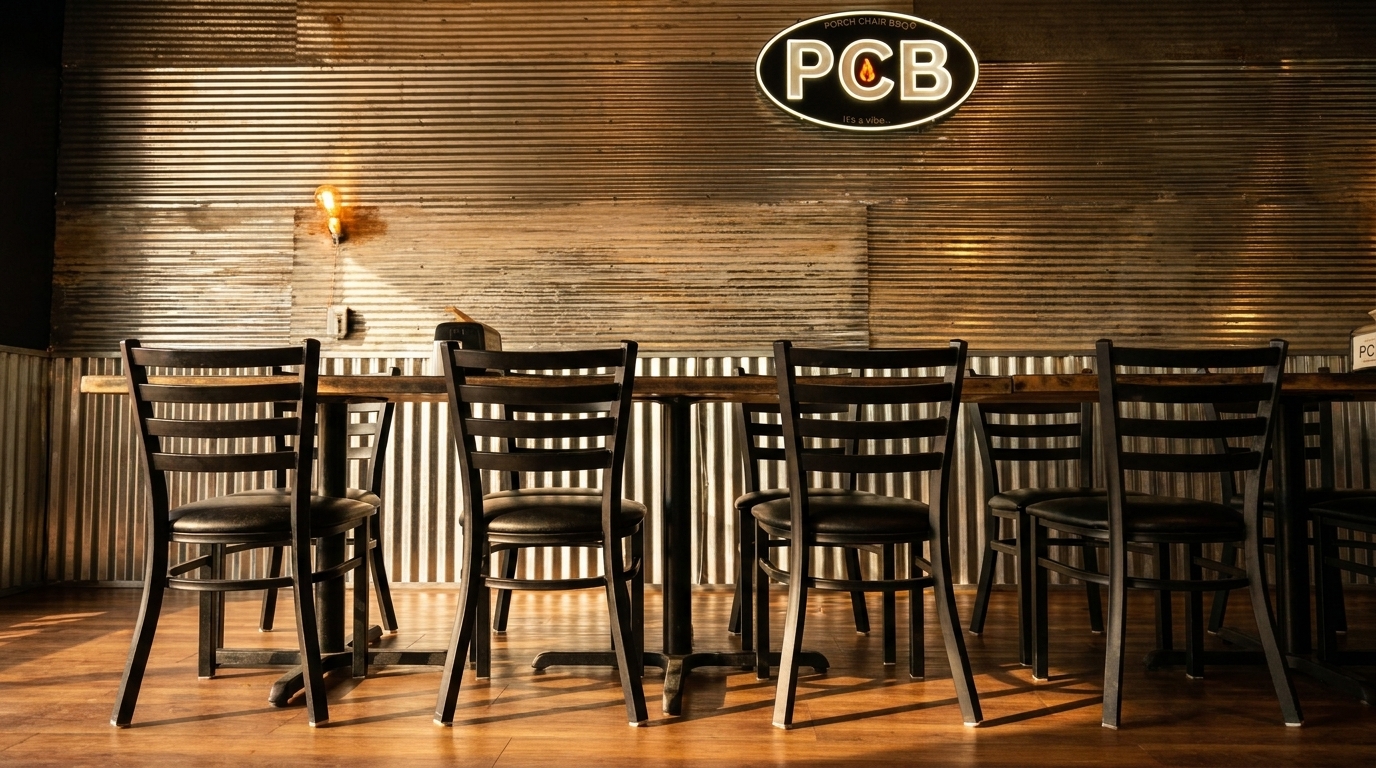 Empty dining area with black chairs, wooden tables, and corrugated metal walls under a PCB sign.