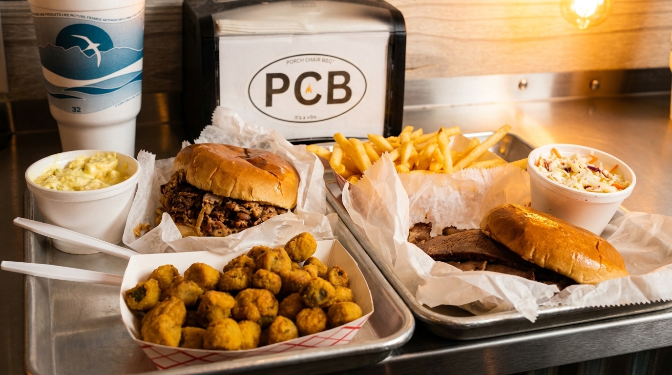 Two BBQ trays with sandwiches, fries, coleslaw, potato salad, and fried okra, on a metal counter.