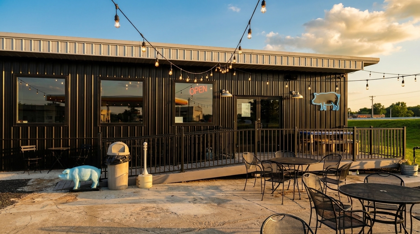 Outdoor patio of a modern restaurant with string lights, black tables, and a blue pig statue.