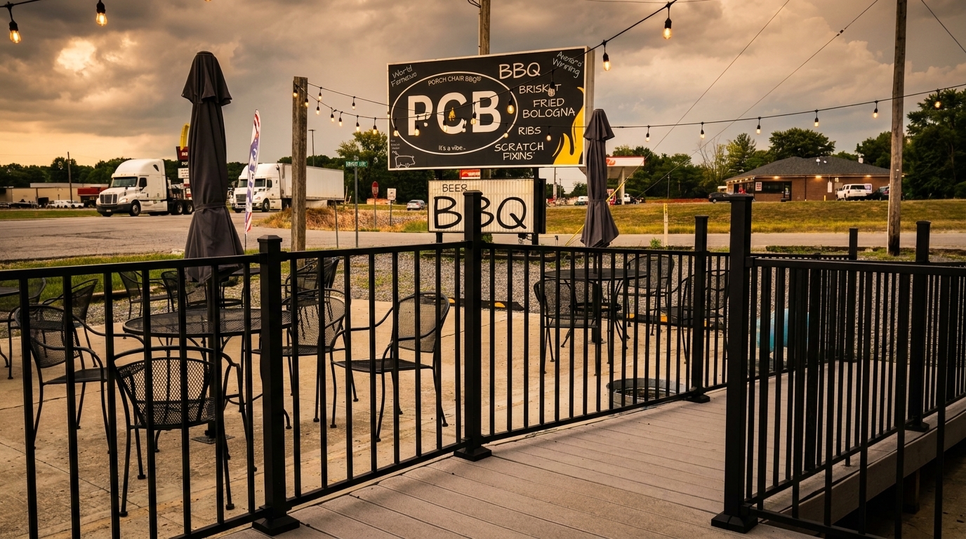 Outdoor patio of Porch Chair BBQ with tables, chairs, umbrellas, and a large PCB BBQ sign.
