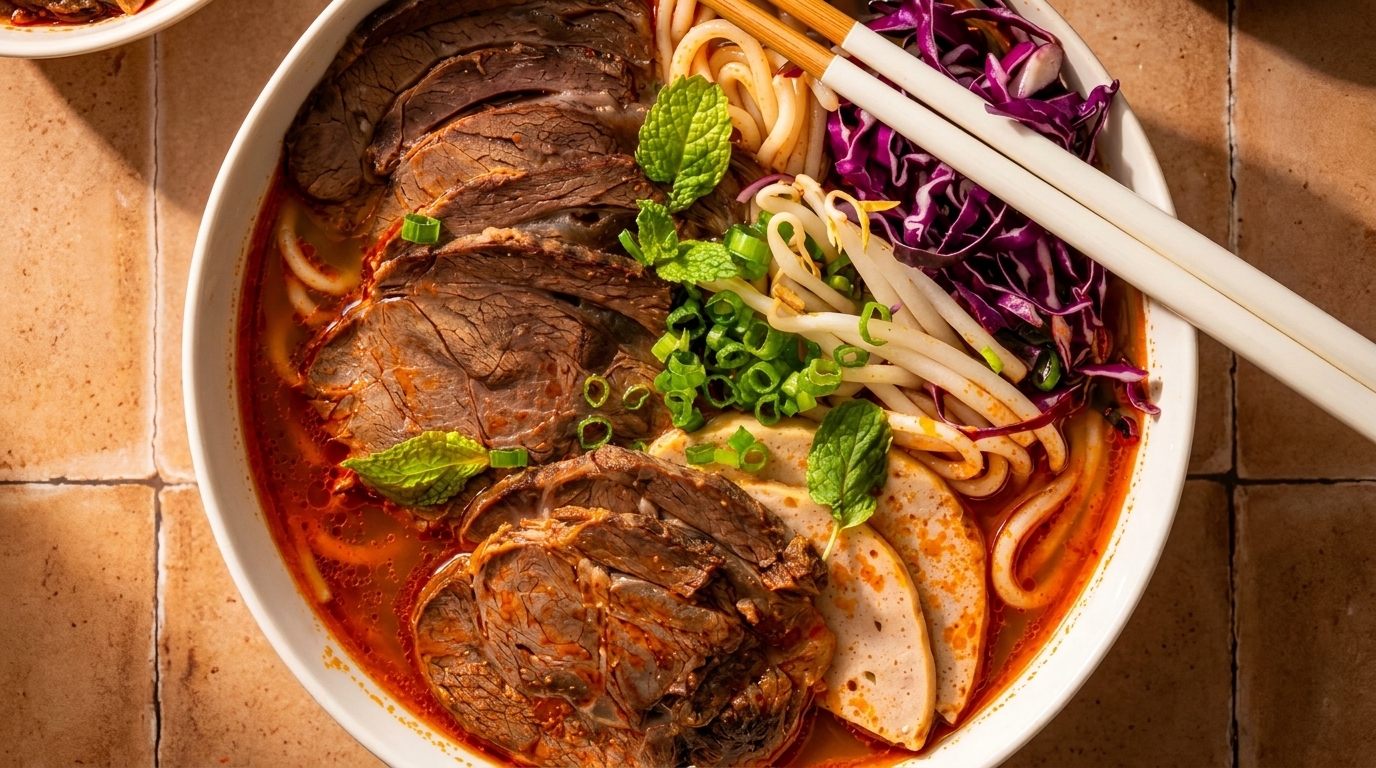 Close-up of a bowl of Vietnamese Bun Bo Hue with beef, pork, noodles, and vegetables.