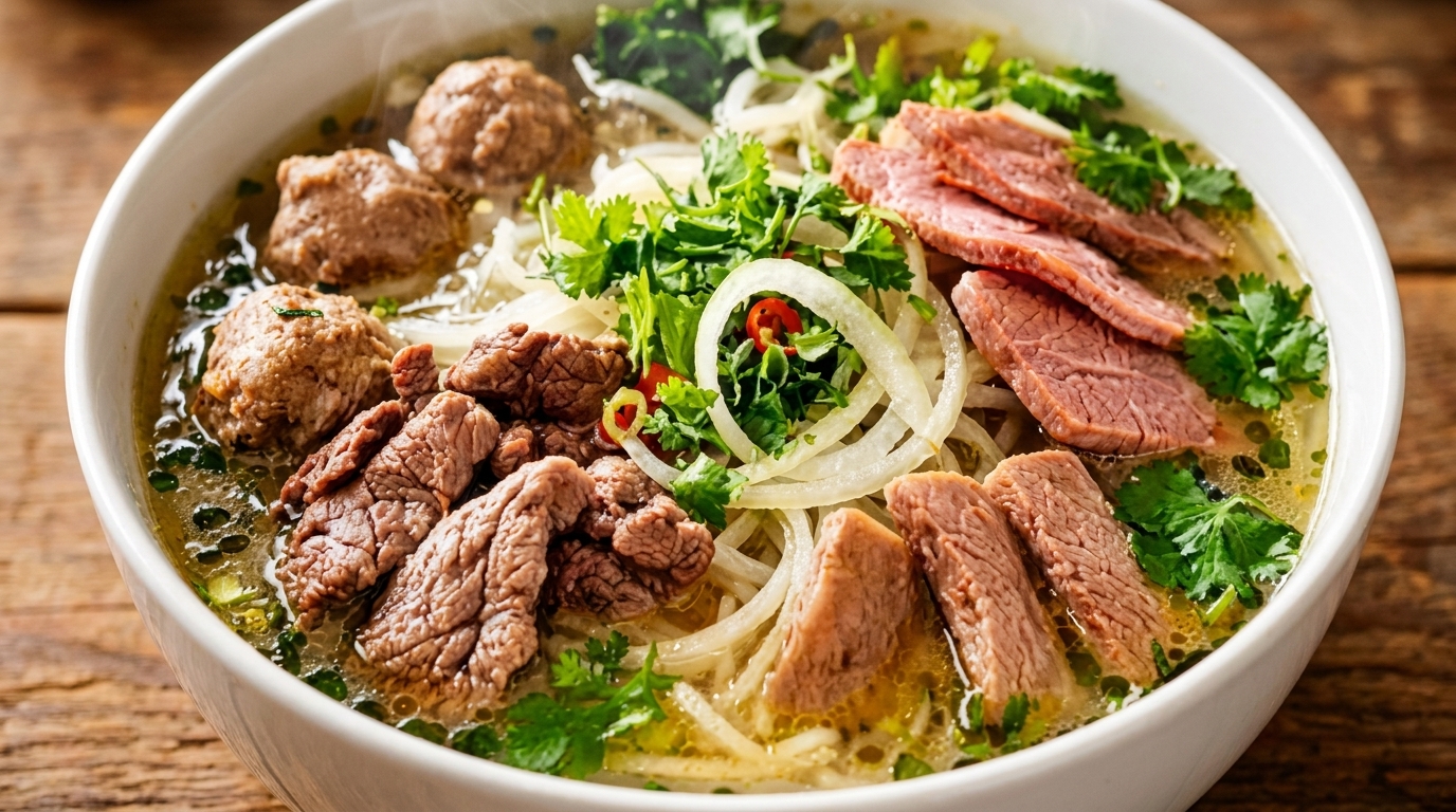 Close-up of a steaming bowl of pho with beef, meatballs, noodles, onions, and herbs.