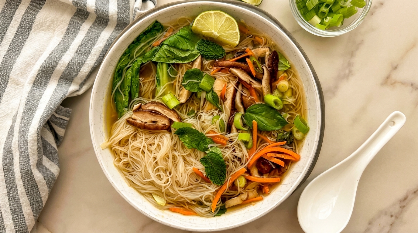 A bowl of pho with noodles, bok choy, mushrooms, carrots, and a lime wedge.