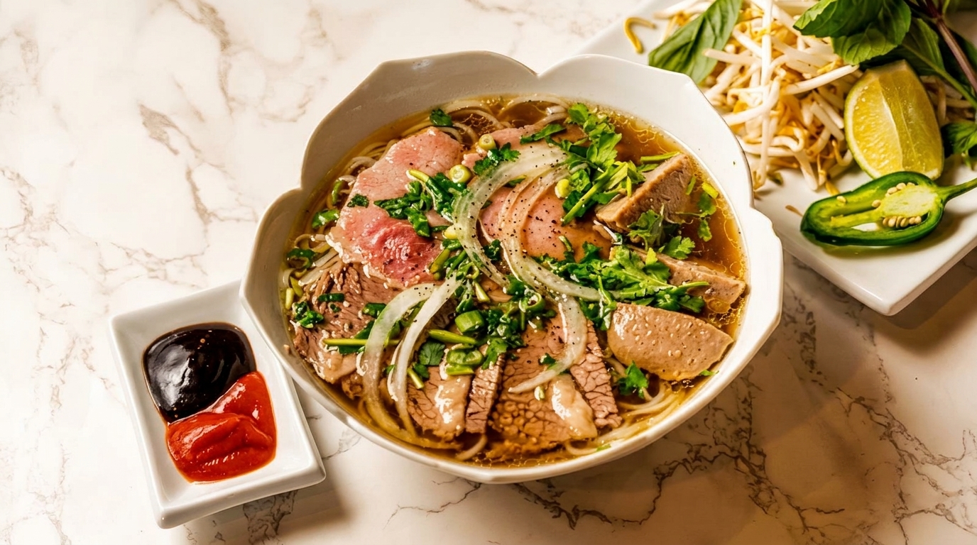 A bowl of pho with various cuts of beef, onions, and cilantro, with sauces and garnishes.