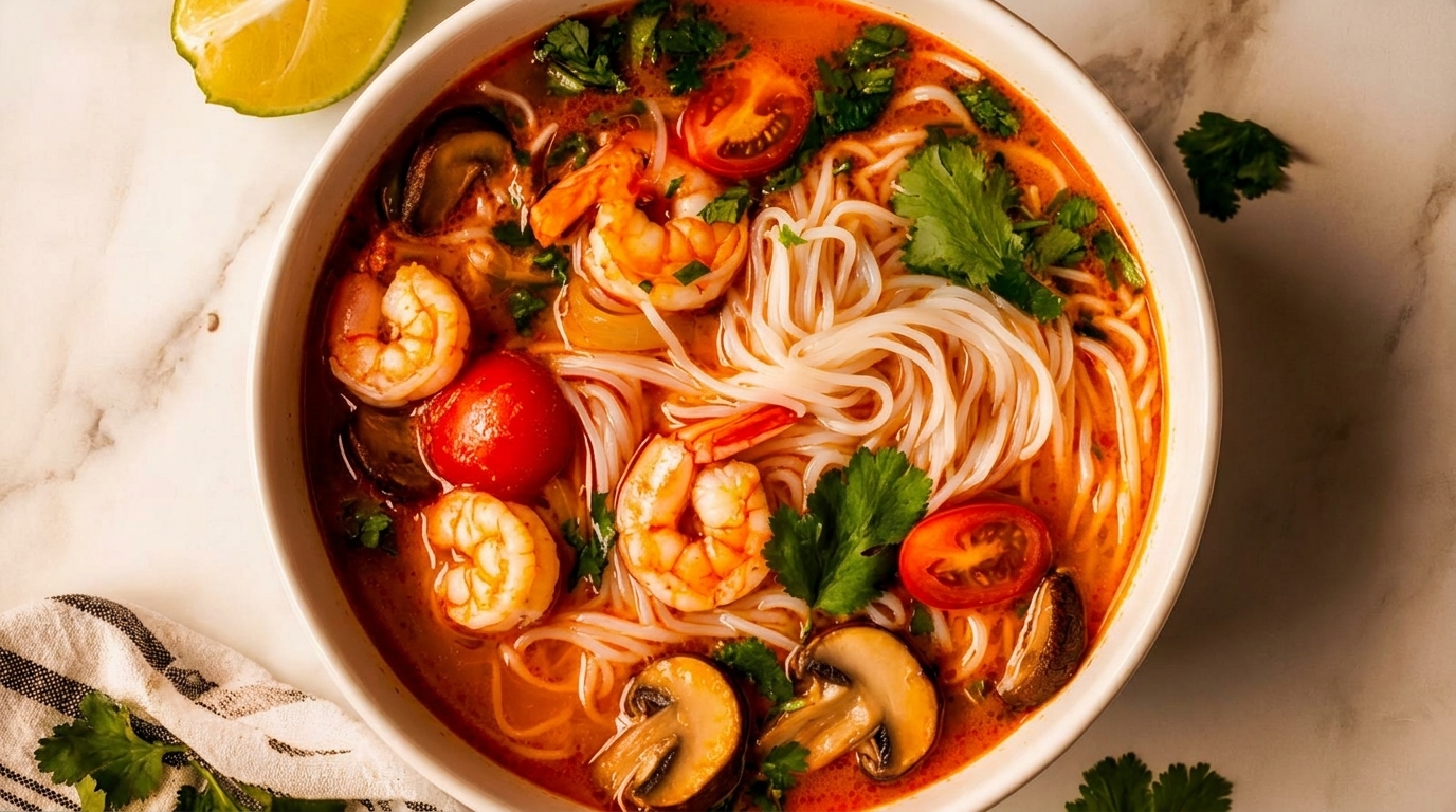 A vibrant bowl of Tom Yum soup with shrimp, noodles, mushrooms, tomatoes, and cilantro.