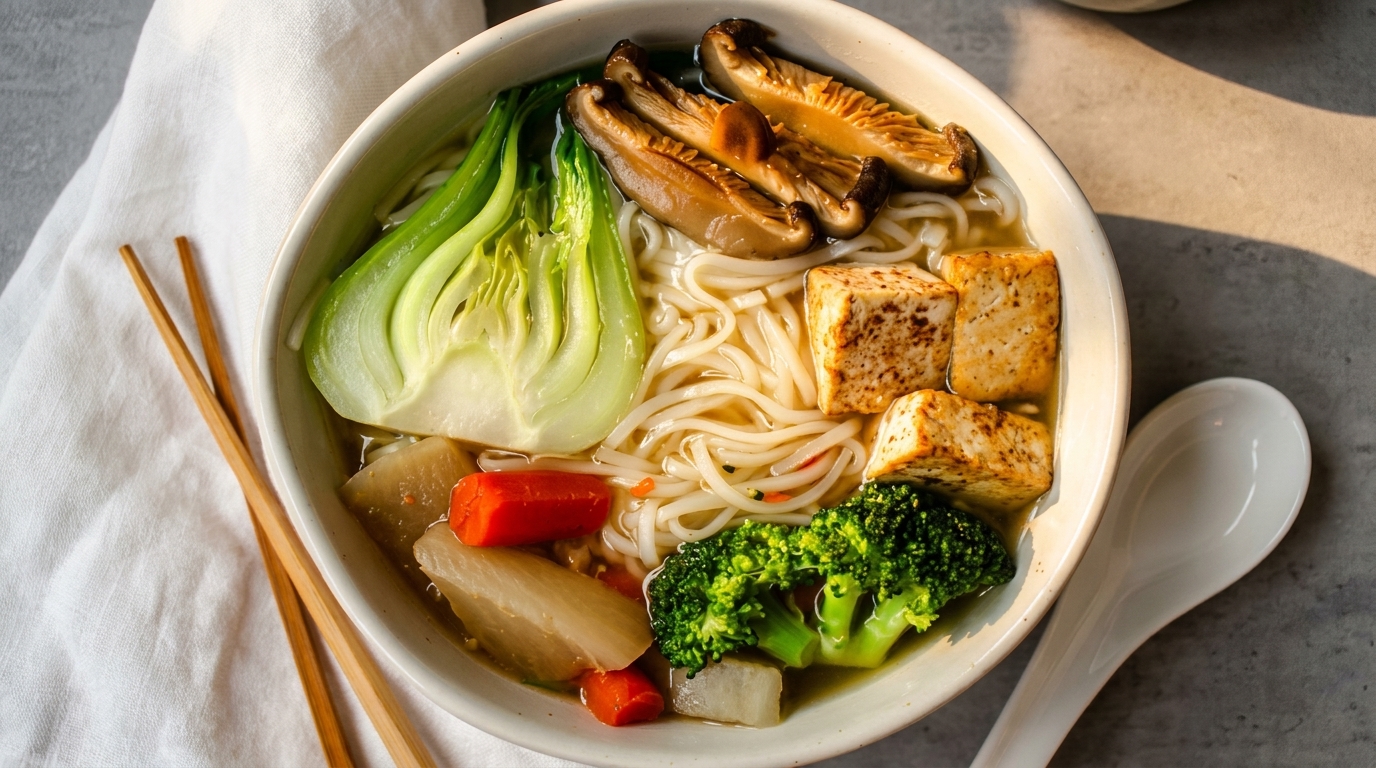A bowl of ramen with noodles, bok choy, mushrooms, tofu, broccoli, carrots, and daikon.