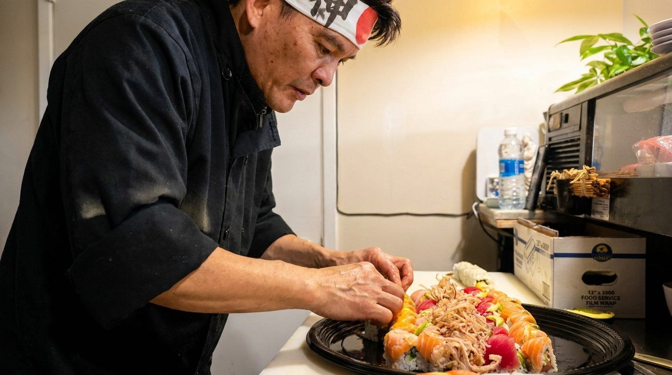 A sushi chef in a black uniform and headband meticulously arranges a large platter of sushi rolls.