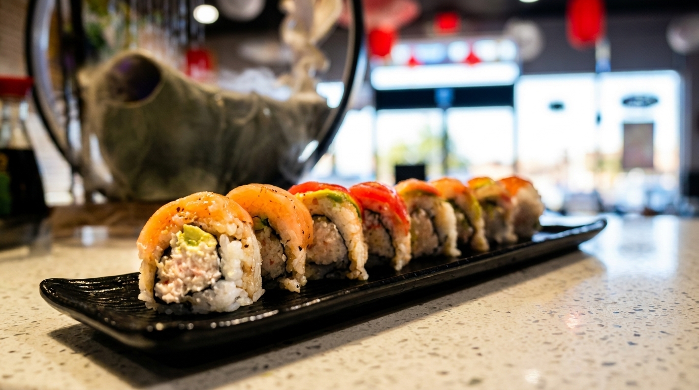 A long black plate holds a row of colorful sushi rolls on a speckled white counter.