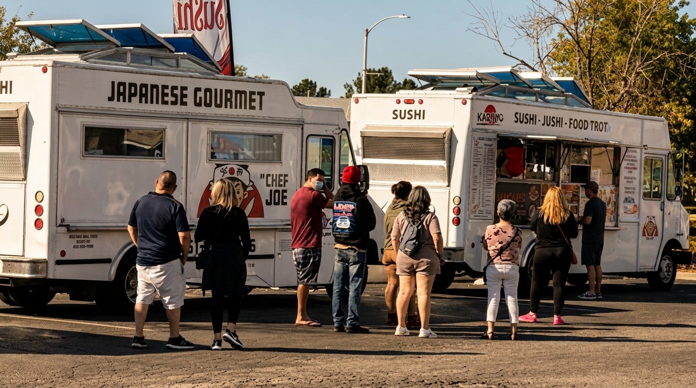 People queueing at two Japanese gourmet food trucks, one named "Chef Joe" and the other "Karino Sushi".