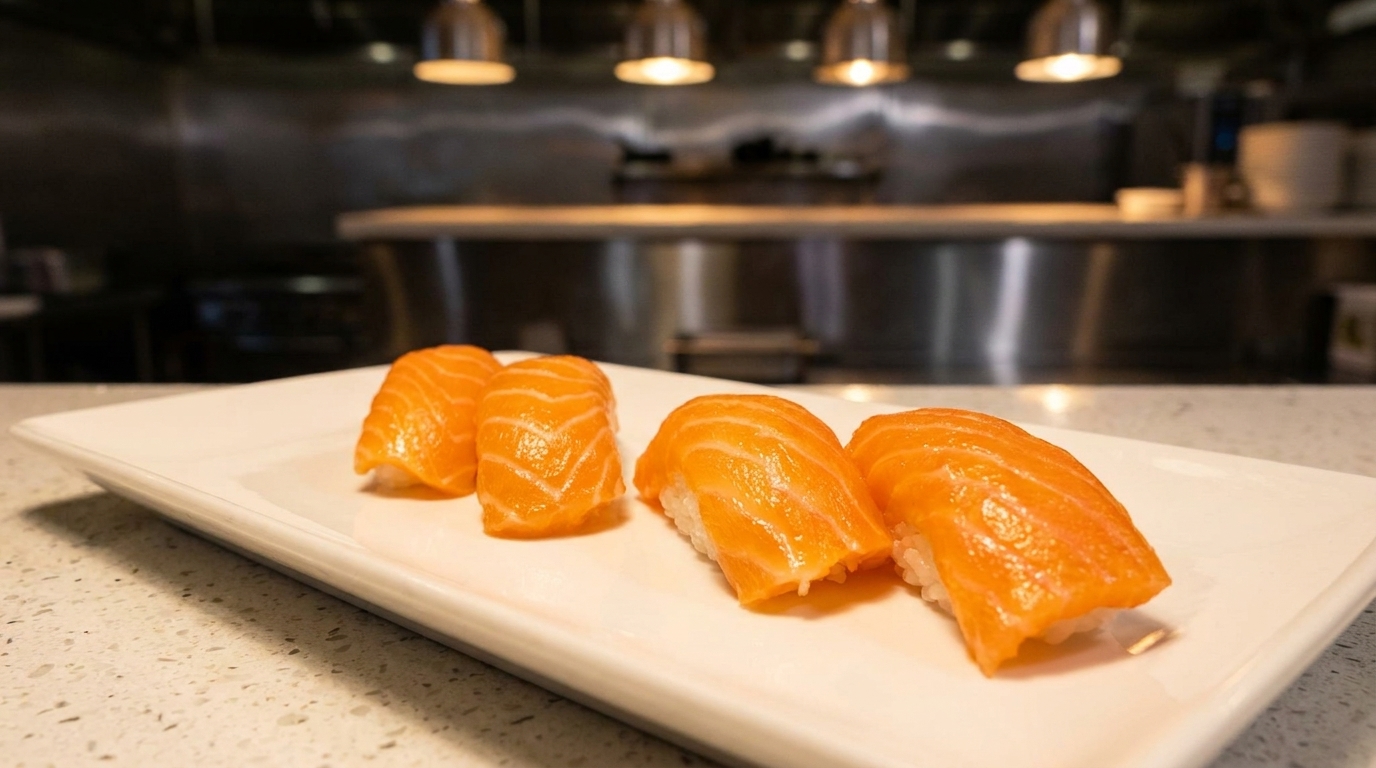 Four pieces of salmon nigiri sushi on a white rectangular plate, with a blurred kitchen in the background.