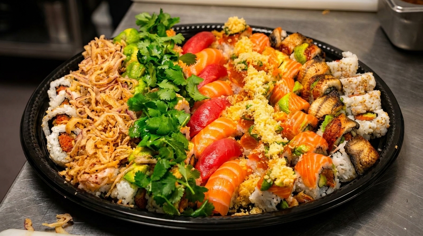 A large platter of assorted sushi rolls and nigiri, garnished with cilantro and crispy fried onions.