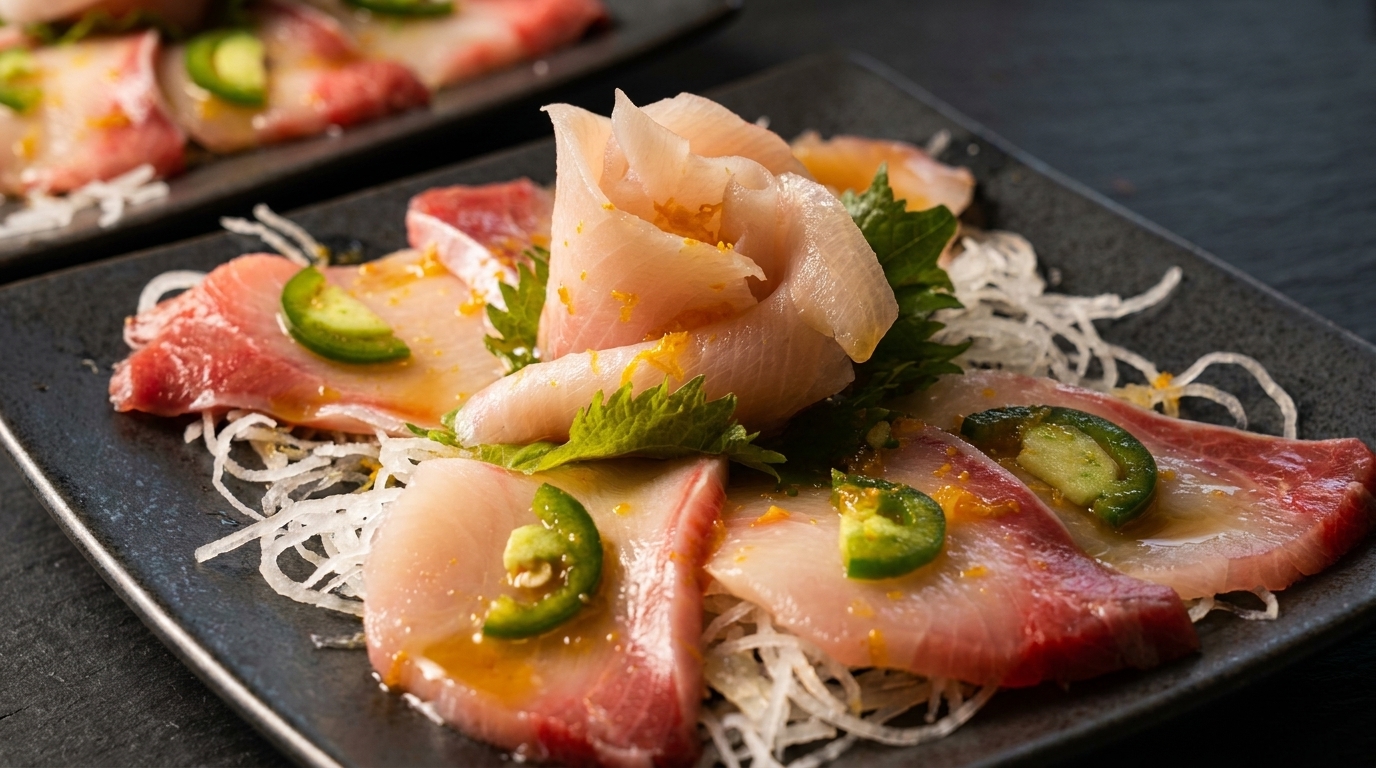 Two plates of hamachi sashimi with jalapeños, citrus zest, and shiso leaves on shredded daikon.