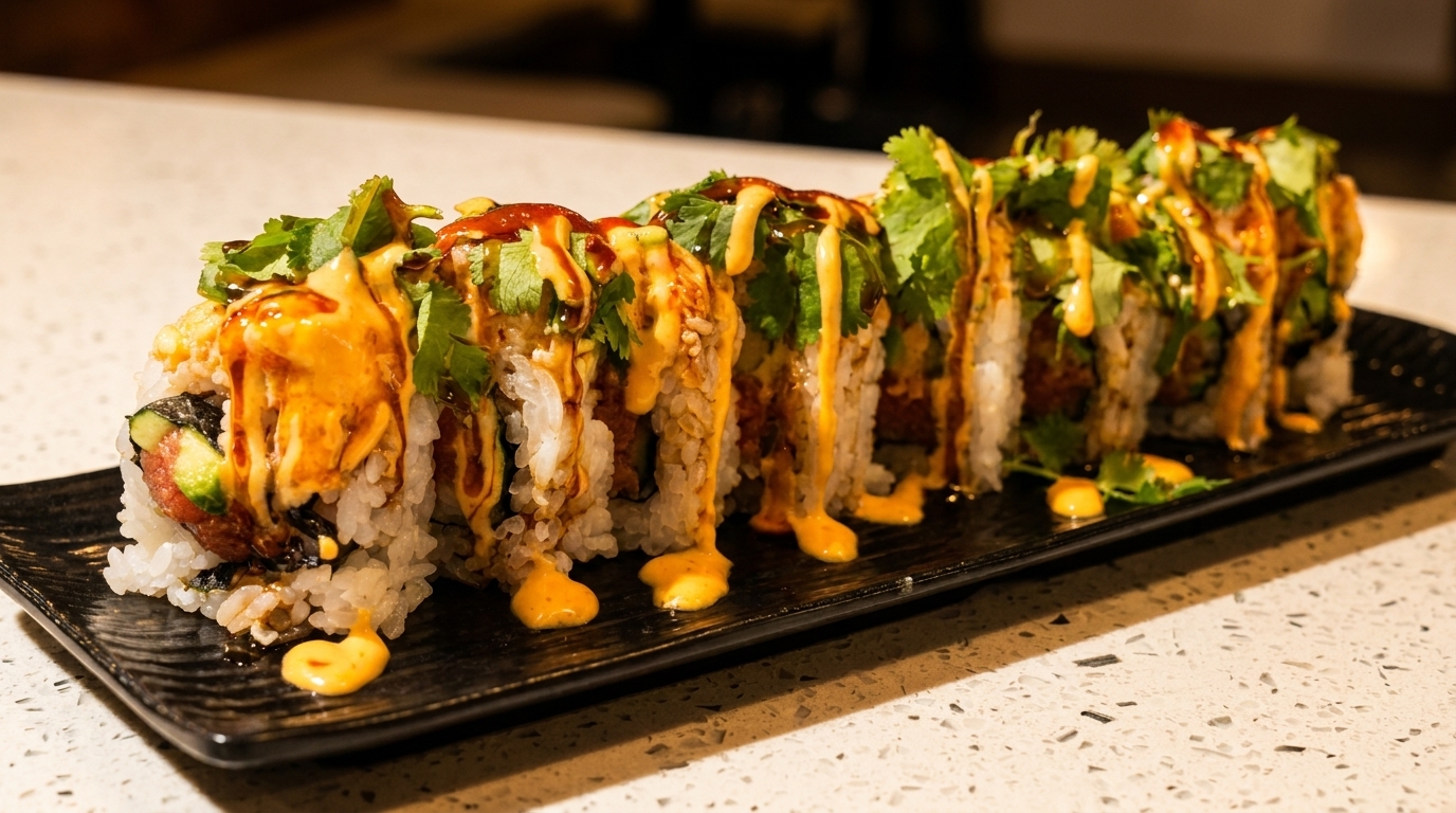 Sushi rolls with tuna, cucumber, cilantro, and spicy sauce on a black rectangular plate.