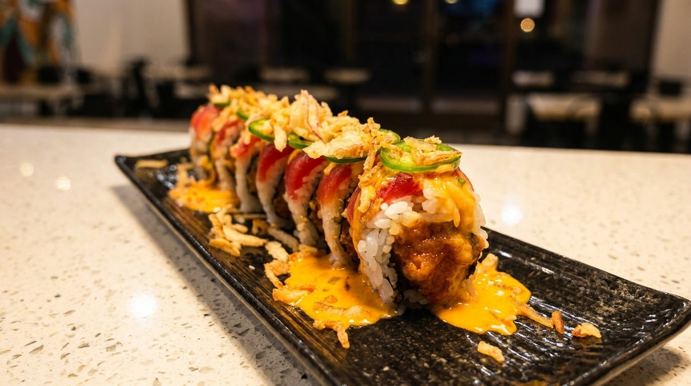 Sushi roll with tuna, rice, crispy onions, jalapeños, and orange sauce on a black plate.