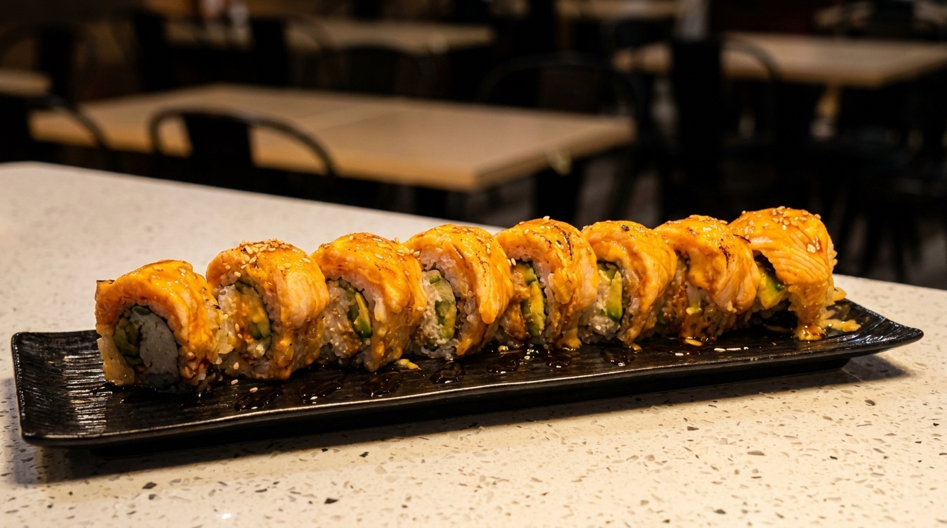 A row of salmon sushi rolls with avocado and sauce on a black rectangular plate.