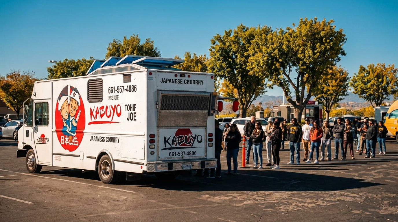 A white Kabuyo Japanese Churros food truck with people lined up to order on a sunny day.