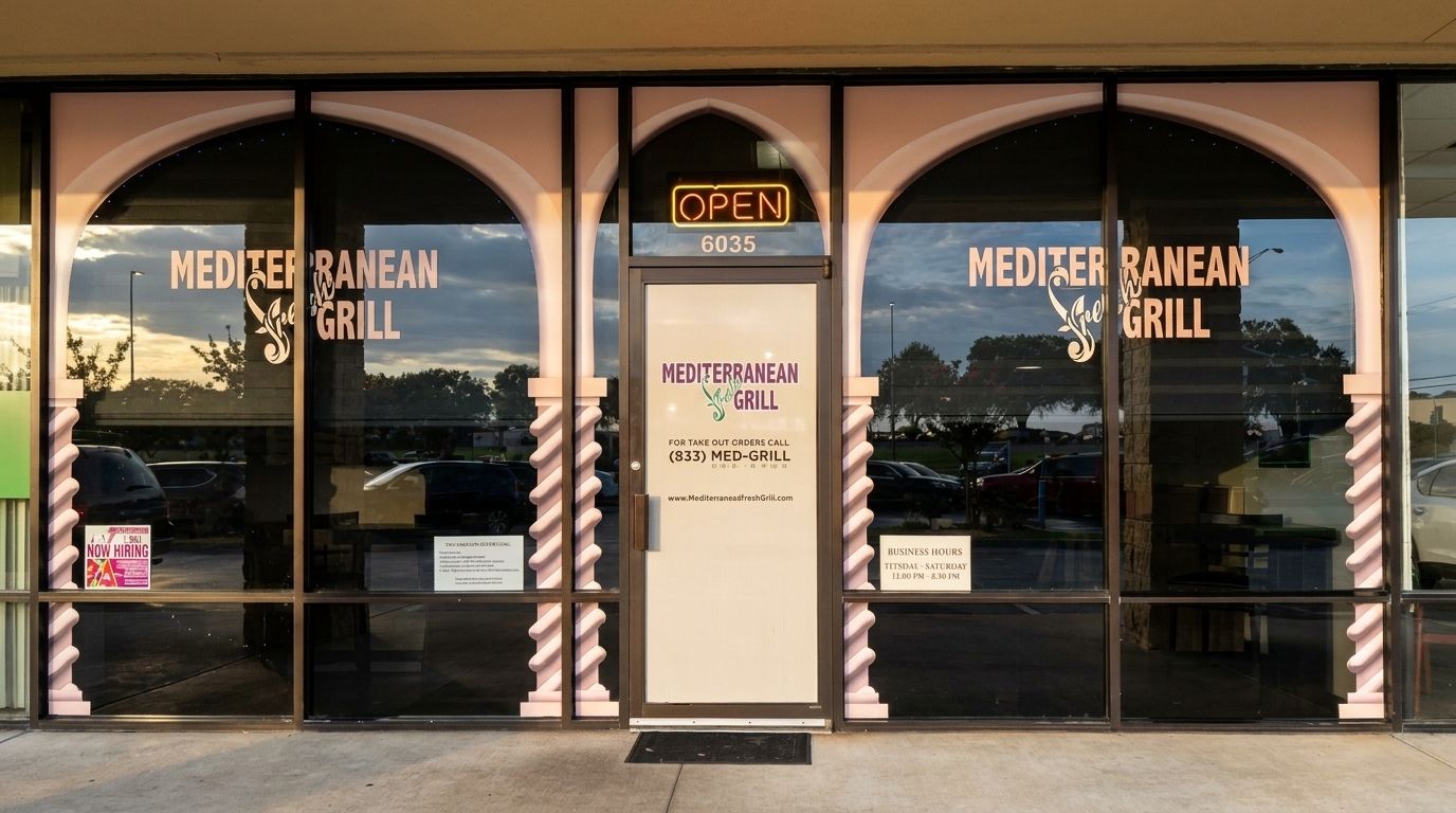 The storefront of Mediterranean Grill with arched windows, an "OPEN" sign, and business hours displayed.