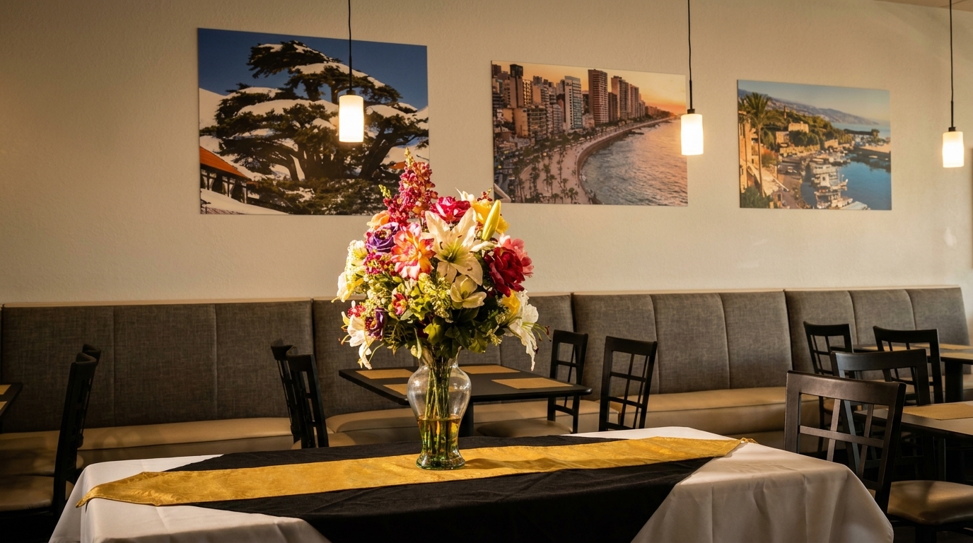 Restaurant interior with a large floral centerpiece, tables, chairs, and scenic wall art.