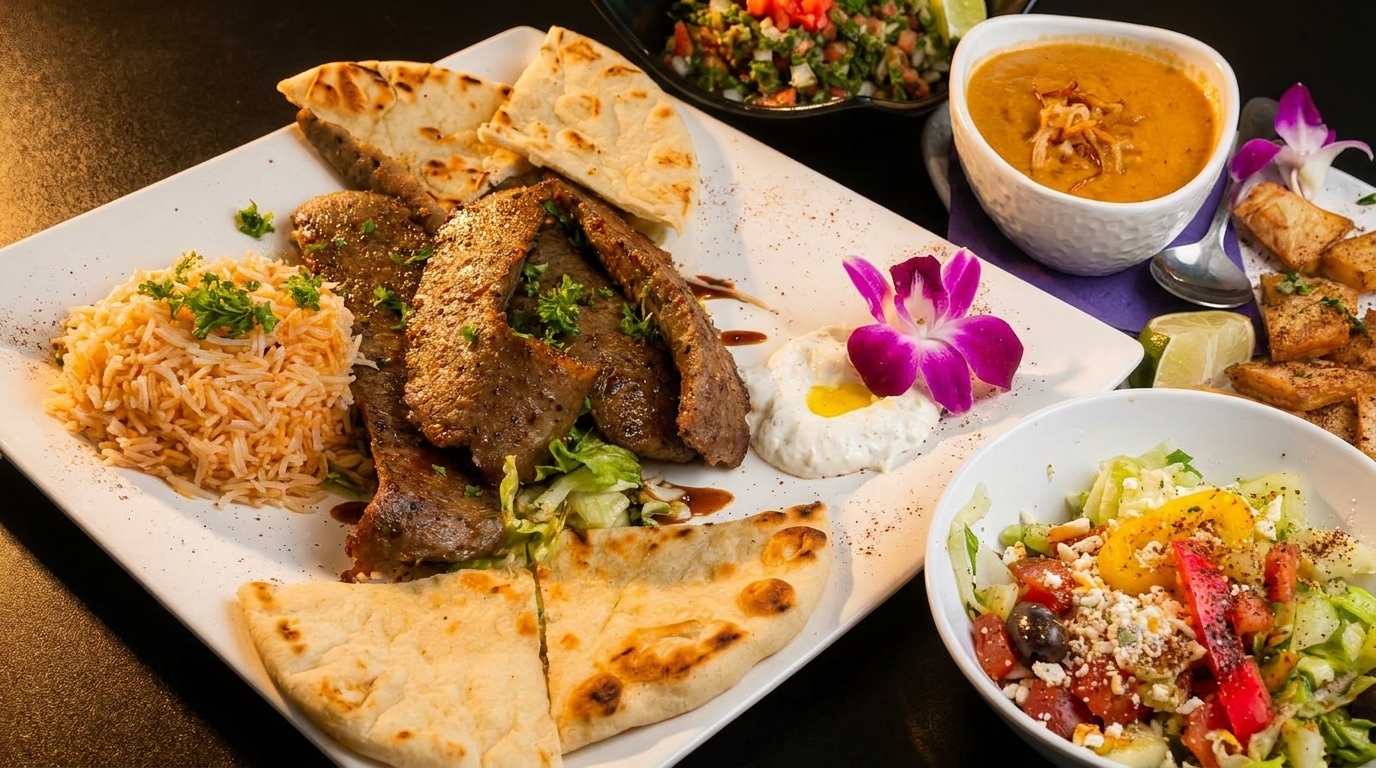 A large platter of grilled meat, rice, pita bread, salad, soup, and other Middle Eastern dishes.