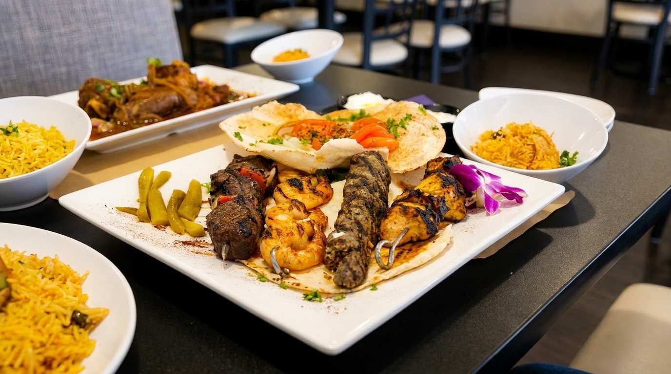 Plates of grilled kebabs, rice, and lamb shanks on a restaurant table.