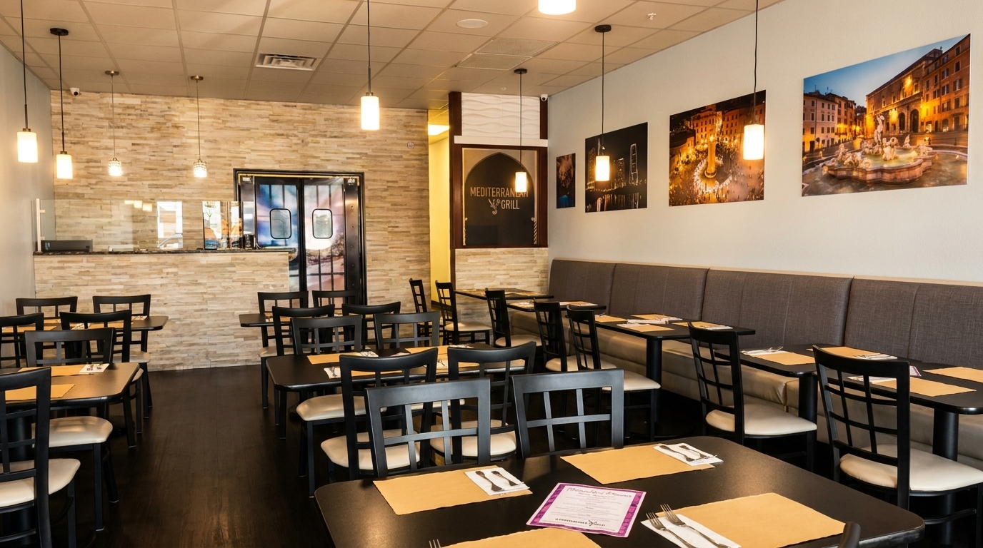 Empty dining room with dark tables, chairs, booth seating, and Mediterranean Grill sign.