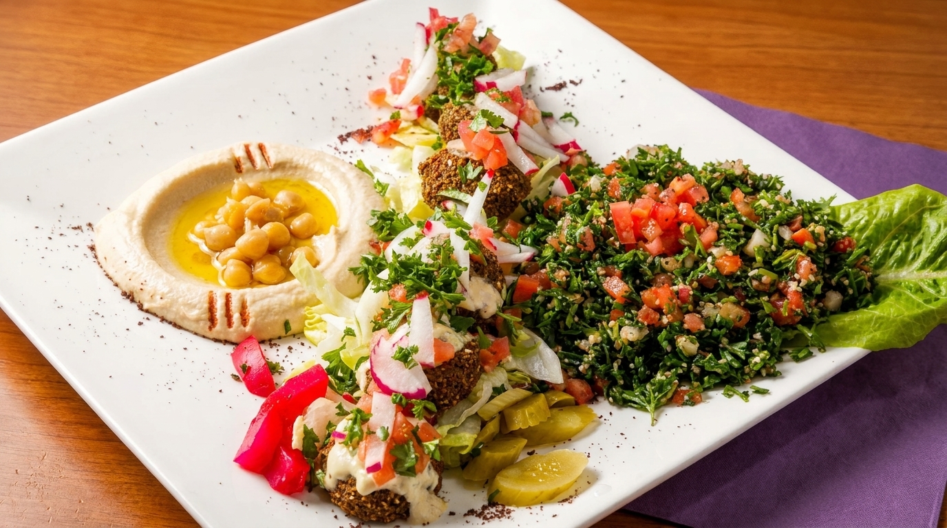 A white rectangular plate holds hummus, falafel with toppings, and tabbouleh salad.