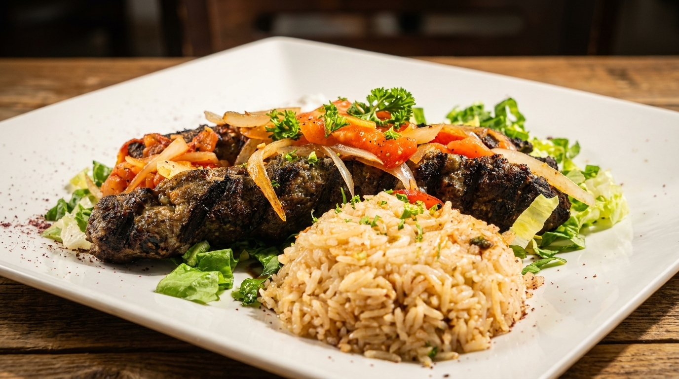 Grilled kofta kebabs topped with tomatoes and onions, served with rice and lettuce on a white plate.