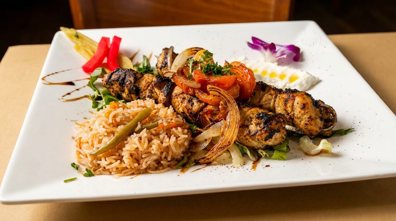 Chicken shish tawook with rice, grilled vegetables, and a side of garlic sauce.