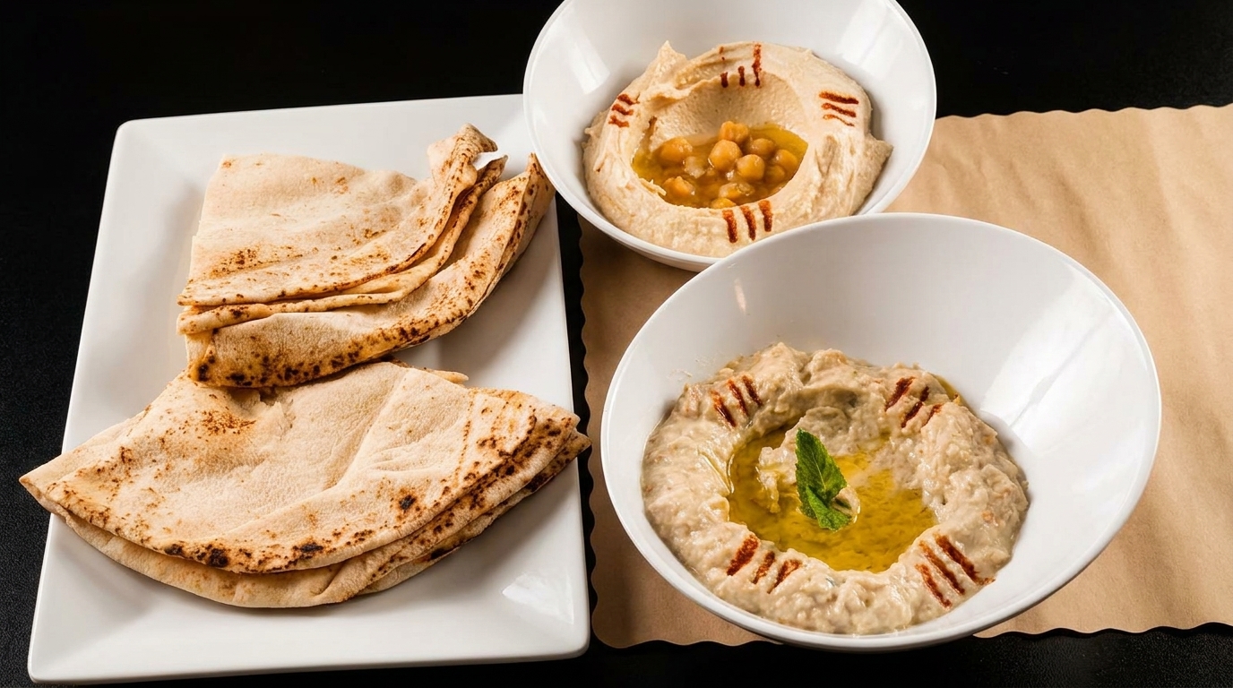 Two bowls of hummus and baba ghanoush with pita bread on a white plate.