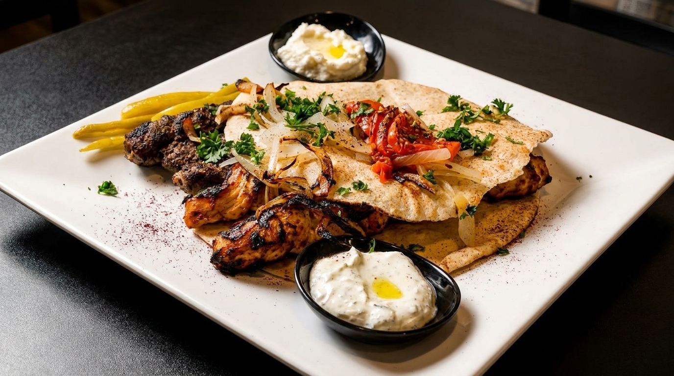 Grilled chicken and beef skewers with pita, onions, tomatoes, and two dipping sauces on a white plate.