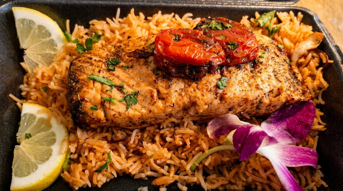 Grilled salmon with roasted tomatoes, rice pilaf, lemon wedges, and an orchid in a black takeout container.