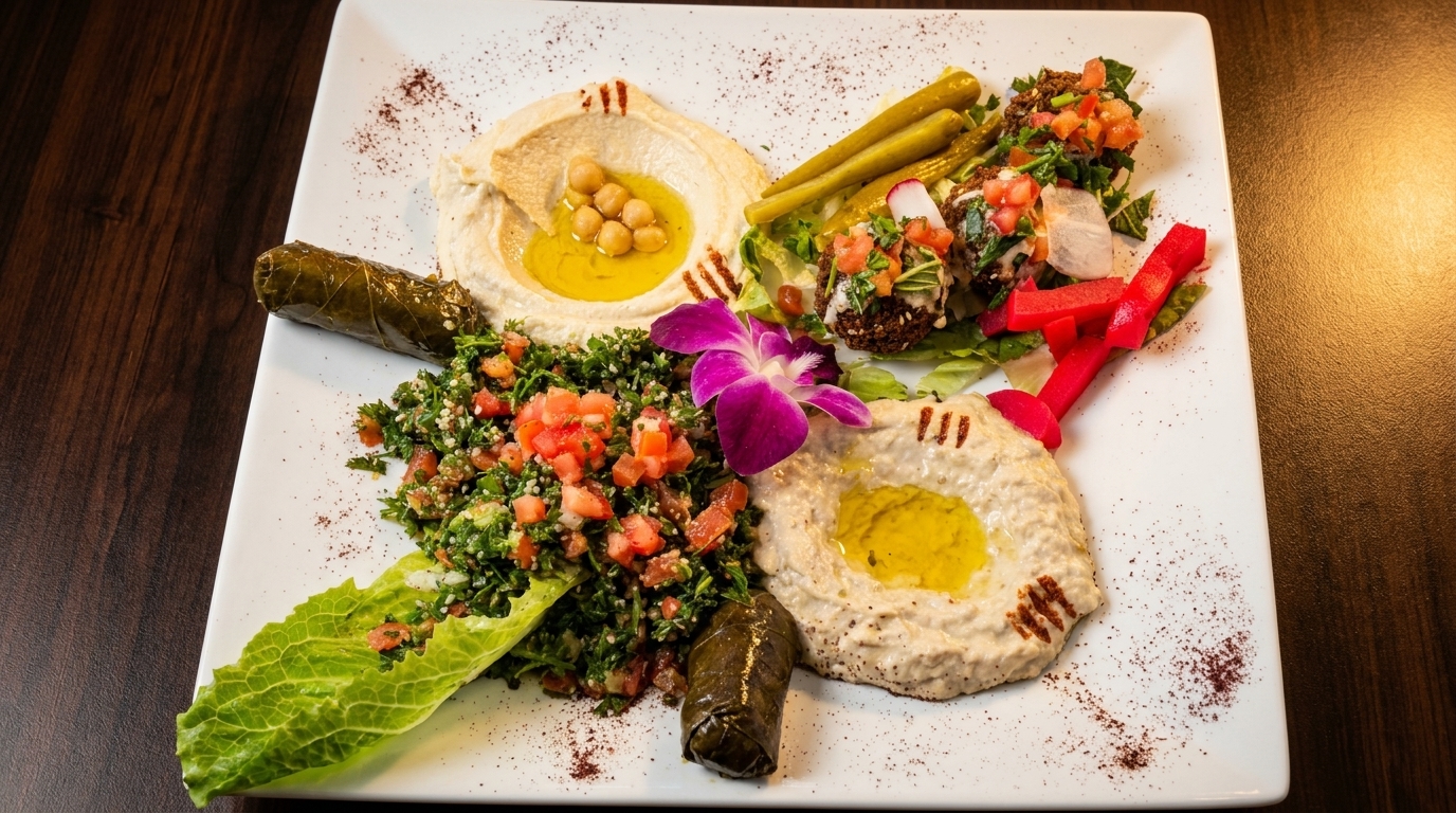 A white platter with hummus, baba ghanoush, tabbouleh, falafel, stuffed grape leaves, and pickled vegetables.