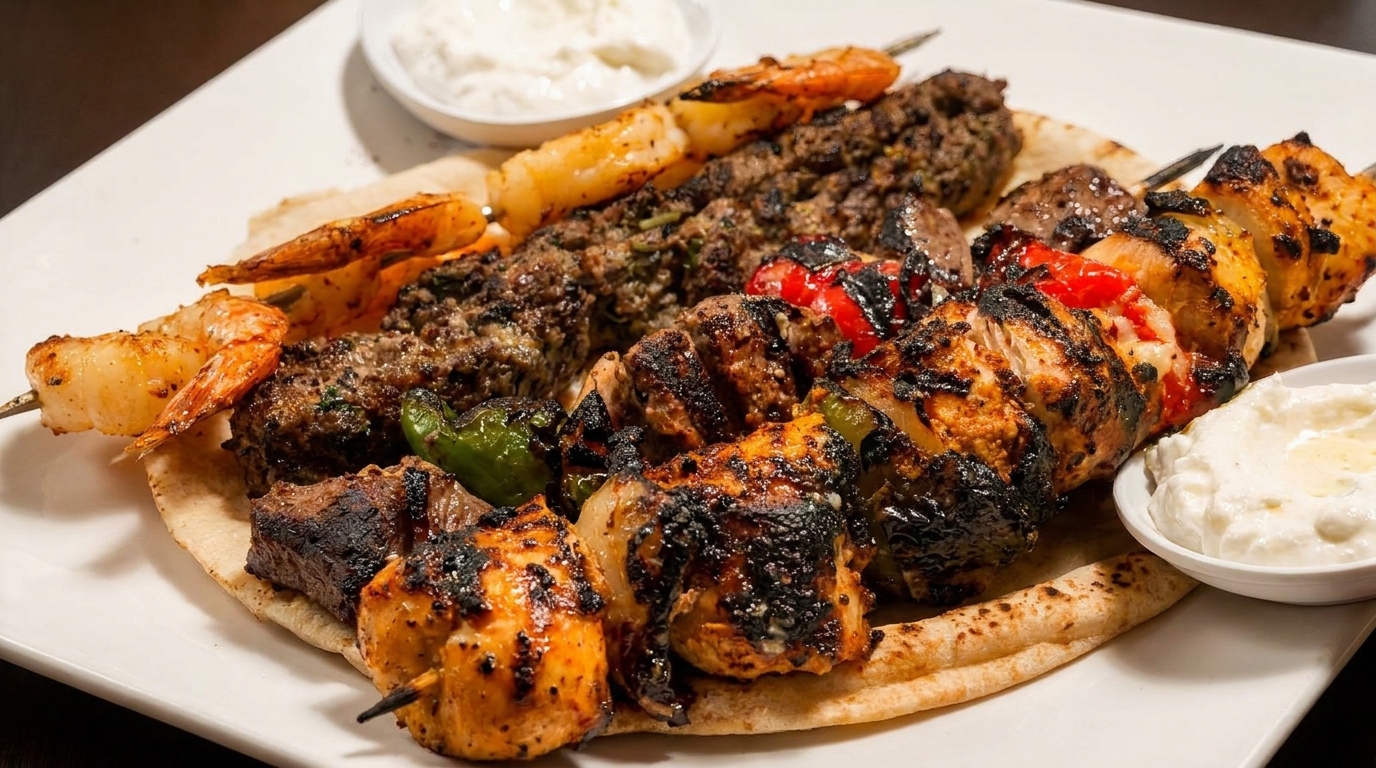 Grilled chicken, beef, and shrimp kebabs with vegetables and dips on a white plate.