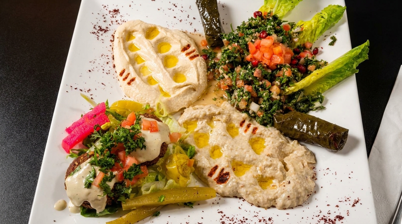 A white platter with hummus, baba ghanoush, tabbouleh, falafel, pickled vegetables, and stuffed grape leaves.