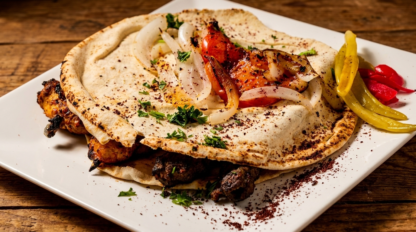 Grilled chicken and beef skewers on pita bread with onions, tomatoes, and pickled vegetables.