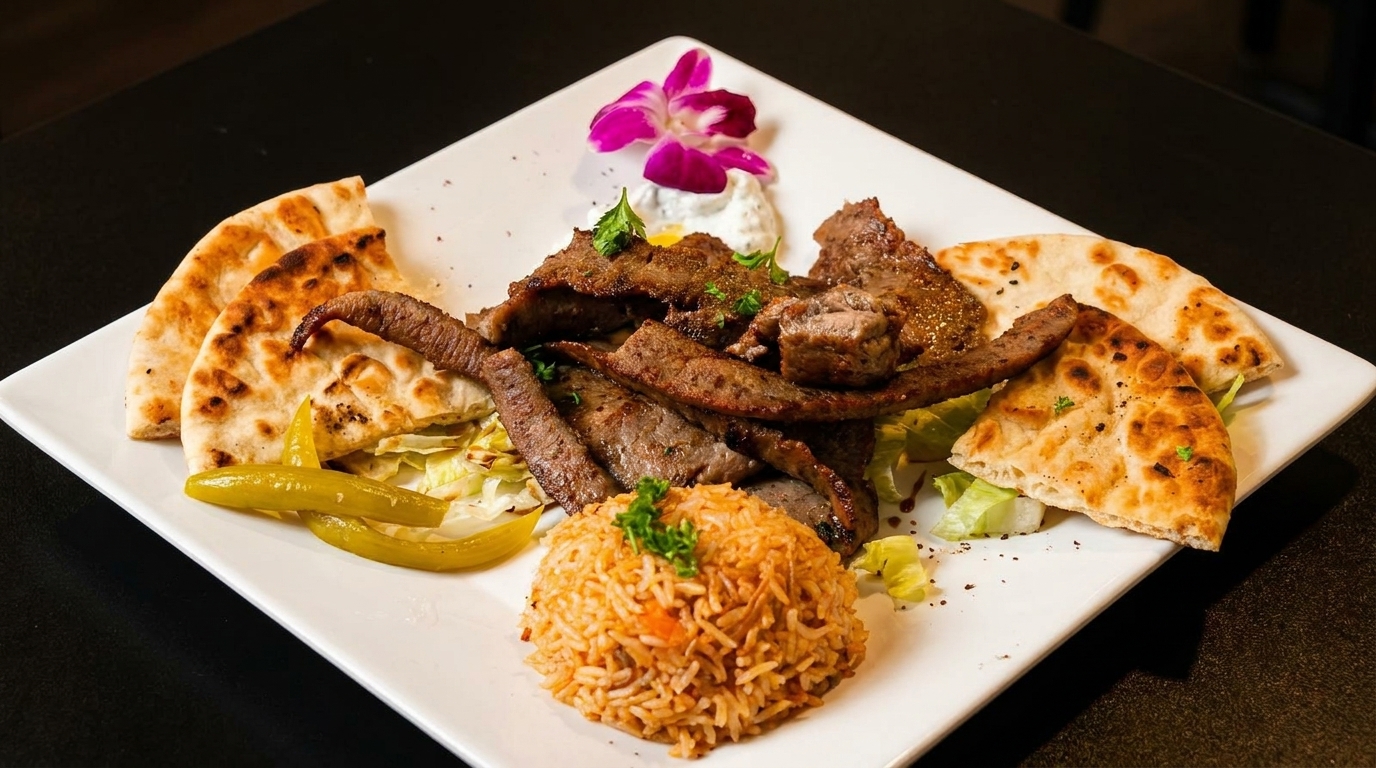 A white plate with sliced meat, rice, pita bread, green peppers, and a purple orchid garnish.