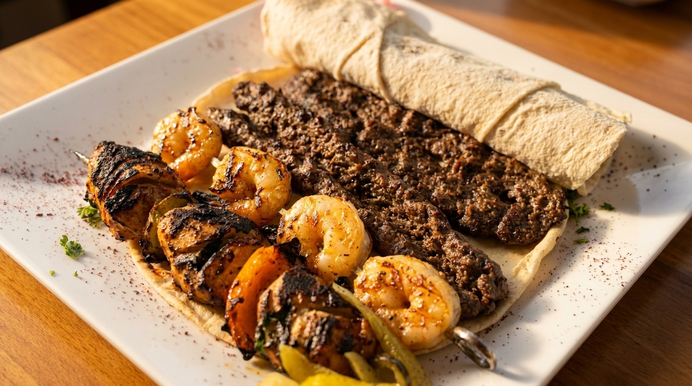 Grilled chicken and shrimp skewers with ground meat kebabs and flatbread on a white plate.