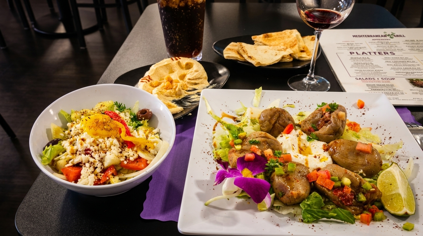 A table laden with Mediterranean dishes: a salad, hummus with pita, and stuffed eggplant, alongside drinks.