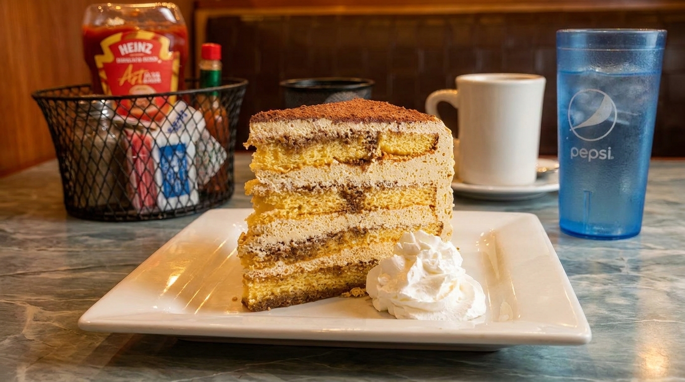 A slice of layered tiramisu cake with whipped cream on a white plate, with drinks and condiments in the background.