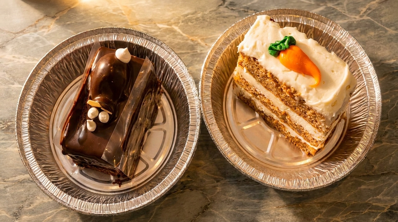 Two dessert slices, one chocolate and one carrot cake, in foil containers on a marble surface.